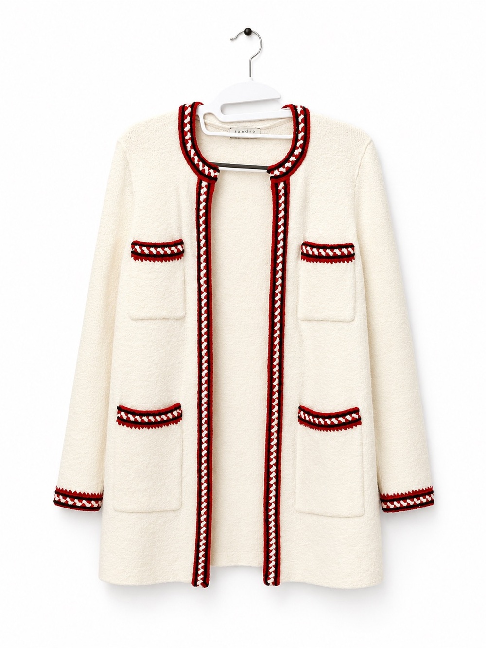 Sandro Cream Bouclé Cardigan with Red & Black Trim
